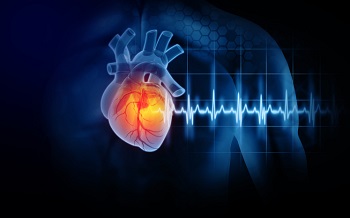 Graphic of heart with cardiac rhythm strip.
